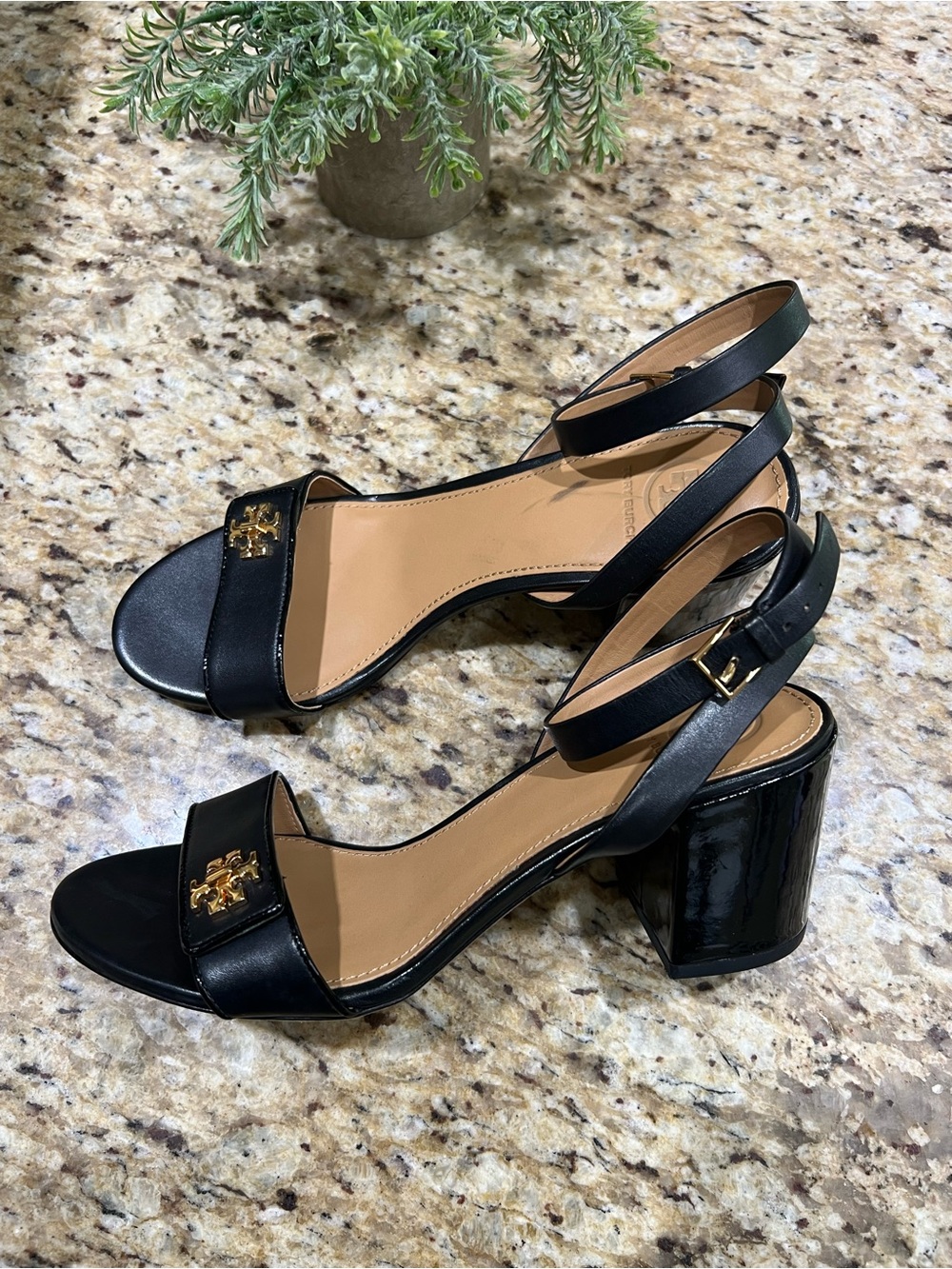 Tory Burch Kira Black Leather Block Heel Sandals with Gold Logo 9M